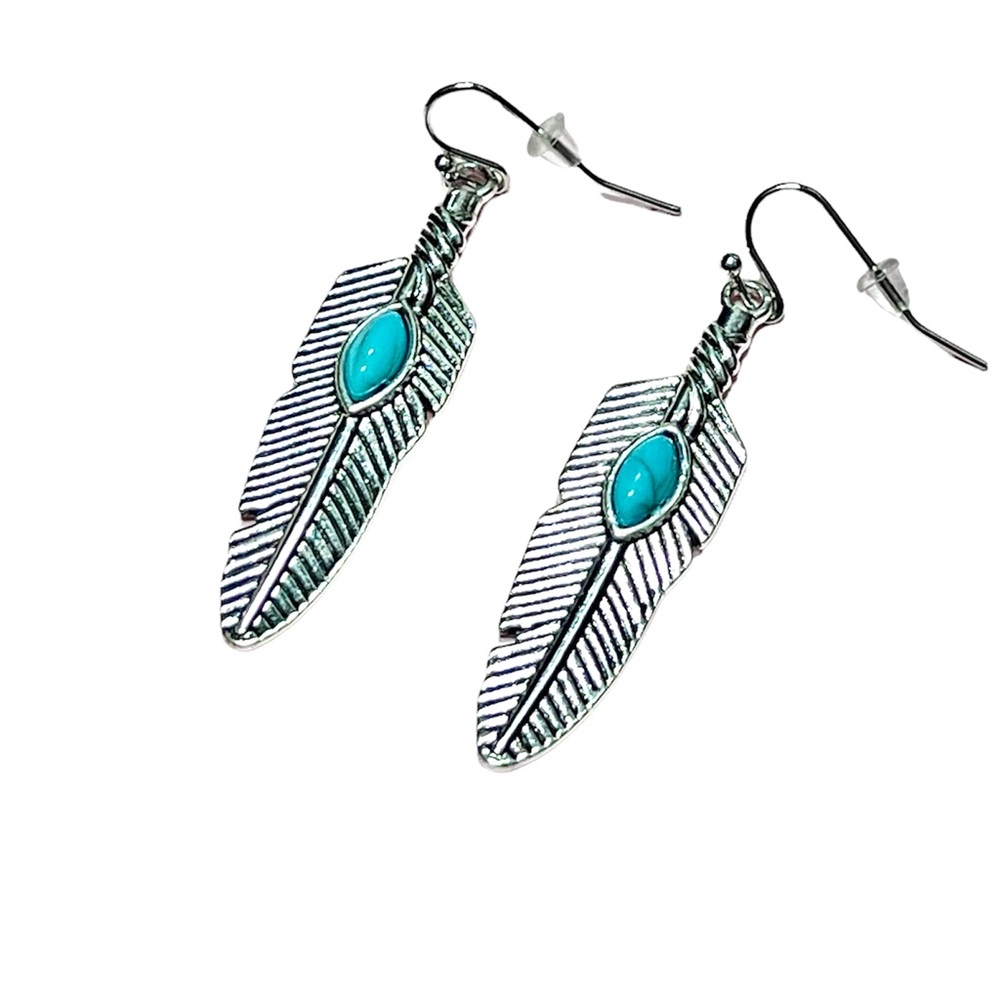Silver feather dangle earrings with turquoise